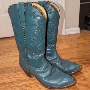 Rodeo Drive Teal Vintage Cowgirl Boots Leather Silver Turquoise Size 10